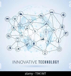 Internet of things. IOT concept. Global network connection. Monitoring and control smart systems icons on globe map background. Vector illustration Stock Vector