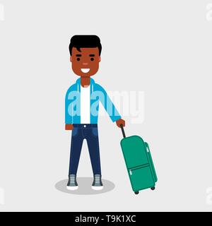 american traveler standingwith backpack Young African American man with a travel bag. Smiling man standing with a  suitcase in a hand, ready to travel.Beginning of a journey,traveling  concept Stock Vector Image & Art