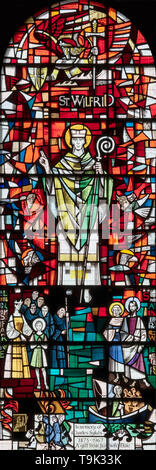 St. Wilfred commemorated in stained glass, Ripon Cathedral, UK Stock Photo