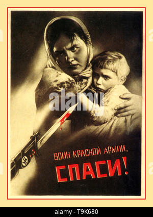 Vintage 1940's WW2 Russian Propaganda Poster  'Red Army Soldier Save Us!' - 1943 Mother and child held at Nazi Swastika bayonet point with blood dripping from blade Stock Photo