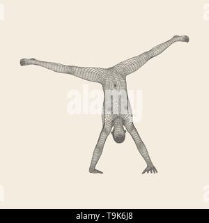 Sporty man doing handstand exercise. Gymnast. 3D Model of Man. Vector Illustration. Stock Vector