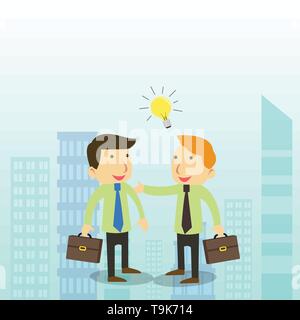 Two White Businessmen Colleagues with Brief Cases Sharing Idea Solution Copy Space design Empty template text for Ad, promotion, poster, flyer, web ba Stock Vector