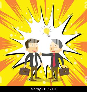 Two White Businessmen Colleagues with Brief Cases Sharing Idea Solution Business Empty template for Layout for invitation greeting card promotion post Stock Vector