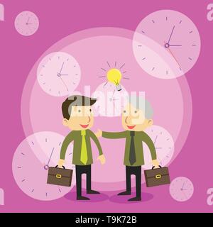 Two White Businessmen Colleagues with Brief Cases Sharing Idea Solution Design business concept Empty copy text for Web banners promotional material m Stock Vector