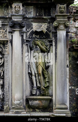 Detail on the 17th century mural monument to Sir George Foulis of Ravilston in Greyfriars Kirkyard, Edinburgh, Scotland, UK. Stock Photo