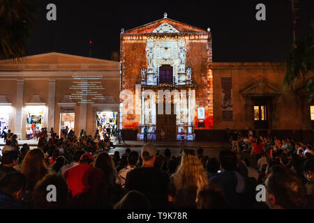 Merida Mexico - light show at night telling the history of the Montejo family on the House of Montejo, Merida, Yucatan, Mexico Latin America Stock Photo