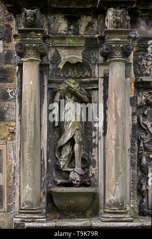 Detail on the 17th century mural monument to Sir George Foulis of Ravilston in Greyfriars Kirkyard, Edinburgh, Scotland, UK. Stock Photo