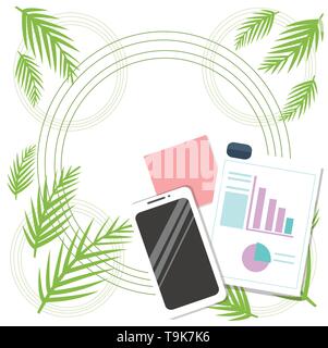 Layout Smartphone Off Sticky Notes Clipboard with Pie Chart and Bar Graph Business Empty template for Layout for invitation greeting card promotion po Stock Vector