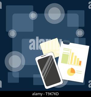 Layout Smartphone Off Sticky Notes Clipboard with Pie Chart and Bar Graph Design business concept Empty copy text for Web banners promotional material Stock Vector