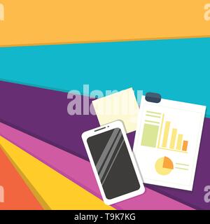 Layout Smartphone Off Sticky Notes Clipboard with Pie Chart and Bar Graph Design business Empty template isolated Minimalist graphic layout template f Stock Vector