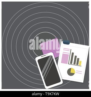 Layout Smartphone Off Sticky Notes Clipboard with Pie Chart and Bar Graph Design business concept Empty copy space modern abstract background Stock Vector