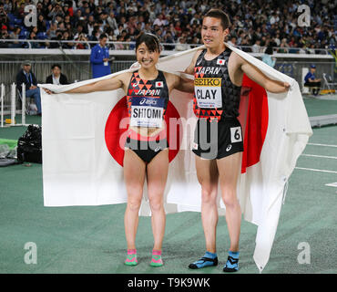 YOKOHAMA, JAPAN - MAY 10: Ayano Shiomi and Allon Tatsunami Clay of Japan after the mixed 2x2x400m relay during Day 1 of the 2019 IAAF World Relay Championships at the Nissan Stadium on Saturday May 11, 2019 in Yokohama, Japan. (Photo by Roger Sedres for the IAAF) Stock Photo