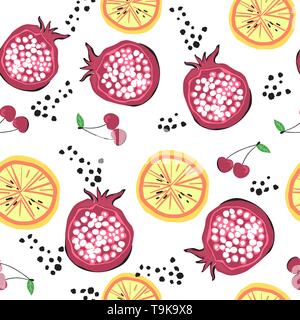 Bright seamless pattern with doodle style fruits Stock Vector
