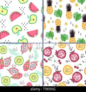 Set of four seamless patterns with bright doodle style fruits Stock Vector