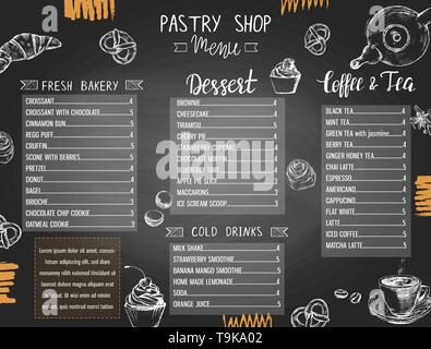 Dessert shop or bakery menu template with hand drawn pastries Stock Vector