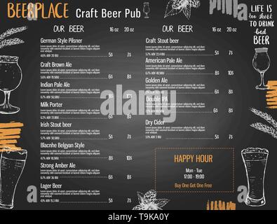 Beer menu template for pub or brewery with hand drawn elements Stock Vector