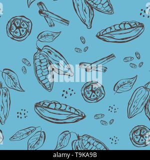 Pattern with hand drawn elements. Cocoa pods, beans and leaves on blue background Stock Vector