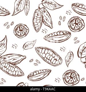 Seamless pattern with cocoa pods, beans and leaves. Stock Vector