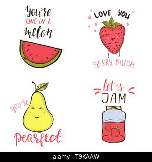 Set of funny pun phrases and cute fruit characters Stock Vector