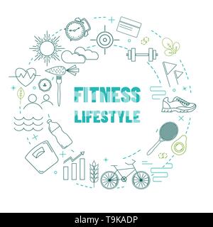 Template with fitness and healthy lifestyle line icons Stock Vector