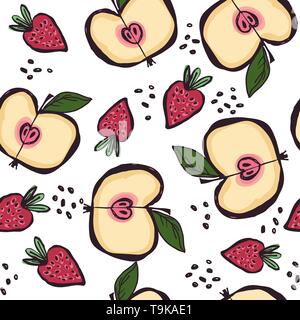 Seamless pattern with doodle style summer fruits and ink stains Stock Vector