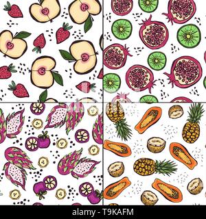 Set of four seamless patterns with bright doodle style fruits Stock Vector