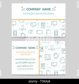 Busines card template for electronics shop or repair service with thin line icons Stock Vector