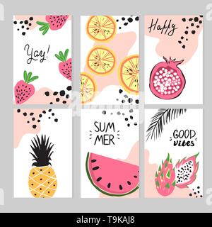 Set of abstract card templates with doodle style fruits Stock Vector