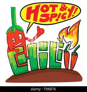 Hot and Spicy Chili, custom text and cartoon of chili pepper and fire Stock Vector