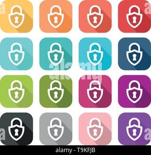 Set of coloured padlock icon in the shape of a shield Stock Vector