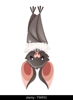Cartoon bat. Cute vampire bat, flying mammal. Flat vector illustration isolated on white background. Cartoon character design. Bat Upside Down. Stock Vector