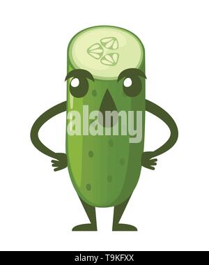 Cute surprised cucumber. Sliced half cucumber. Cartoon character design. Flat vector illustration isolated on white background. Stock Vector