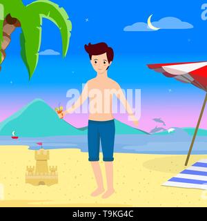 Summer Time Resort Leisure, Nightlife. Young Handsome Man in Swimsuit Drinking Cocktail on Summer Sandy Sea Beach Background with Dolphins, Sand Castl Stock Vector