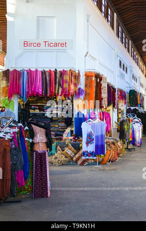 Nicosia, Cyprus - Oct 4th 2018: Traditional indoor market Belediye Pazari in the city center. Shops with souvenirs, clothes and fabrics. Stock Photo