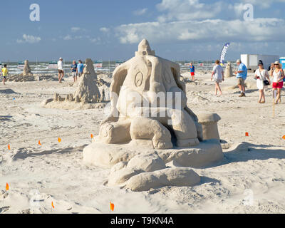 A sand sculpture of an elephant on the beach at the 2019 Texas Sandfest in Port Aransas, Texas USA. Stock Photo