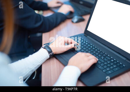 The girl works at a laptop in the office. Hands with laptop close up. Stock Photo