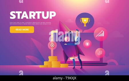 Start up concept. Businessman holds a flying rocket in hand, symbol of start of project launch. Vector illustration cartoon flat design Stock Vector