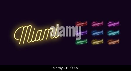 Neon lettering of Miami name. Neon text of Miami city. Set of glowing inscription with transparent backlight for design. Red pink purple violet blue a Stock Vector