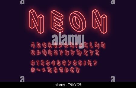 Neon isometric alphabet, Red color. Neon outlined Font with set of isometric glowing letters, numbers, currency and different signs and symbols. Vecto Stock Vector