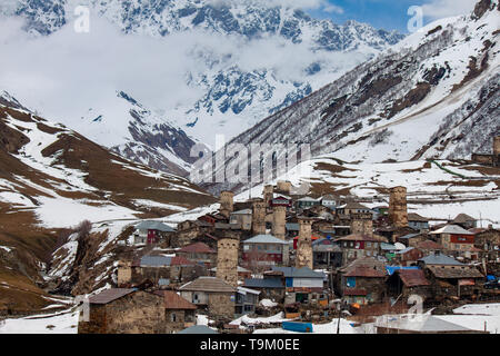 UNESCO World Heritage Area Ushguli, Svaneti in the Caucasus mountains, Georgia in April Stock Photo