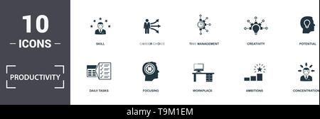 Productivity icons set collection. Includes simple elements such as Work Plan, Tasks To Do, Daily Tasks, Focusing, Workplace, Knowledge Growing and pr Stock Vector