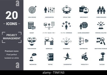 Project Management icons set collection. Includes simple elements such as Goal Seeking, Configuration, Virtual Team, Employability, Human Resource, Wo Stock Vector