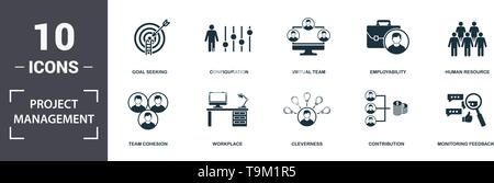Project Management icons set collection. Includes simple elements such as Personal Solution, Team Cohesion, Workplace, Cleverness, Contribution, and S Stock Vector