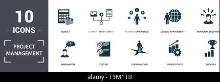 Project Management icons set collection. Includes simple elements such as Human Resource, Budget, Content Management, Positive Experience, Global Mana Stock Vector