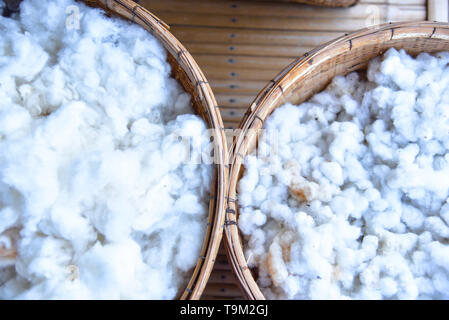 White Silkworm Cocoon in Rattan Basket Stock Photo