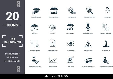 Risk Management icons set collection. Includes simple elements such as Risk Management, Investment, Capital, Identification, Risk Level, Company Repor Stock Vector