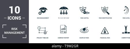 Risk Management icons set collection. Includes simple elements such as Project Duration, Project Timeline, Company Report, Scope Of Risk, Financial Ri Stock Vector