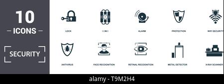 Security icons set collection. Includes simple elements such as Police Flasher, Lock, Bomb, Alarm, Protection, Antivirus and Face Recognition premium  Stock Vector