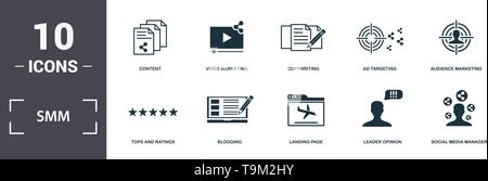 Smm icons set collection. Includes simple elements such as Like, Tops And Ratings, Blogging, Landing Page, Leader Opinion, and Cloud Hosting premium i Stock Vector
