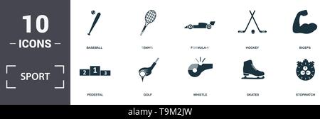 Sport Equipment icons set collection. Includes simple elements such as Football Ball, Baseball, Tennis, Racing Car, Hockey, Pedestal and Golf premium  Stock Vector